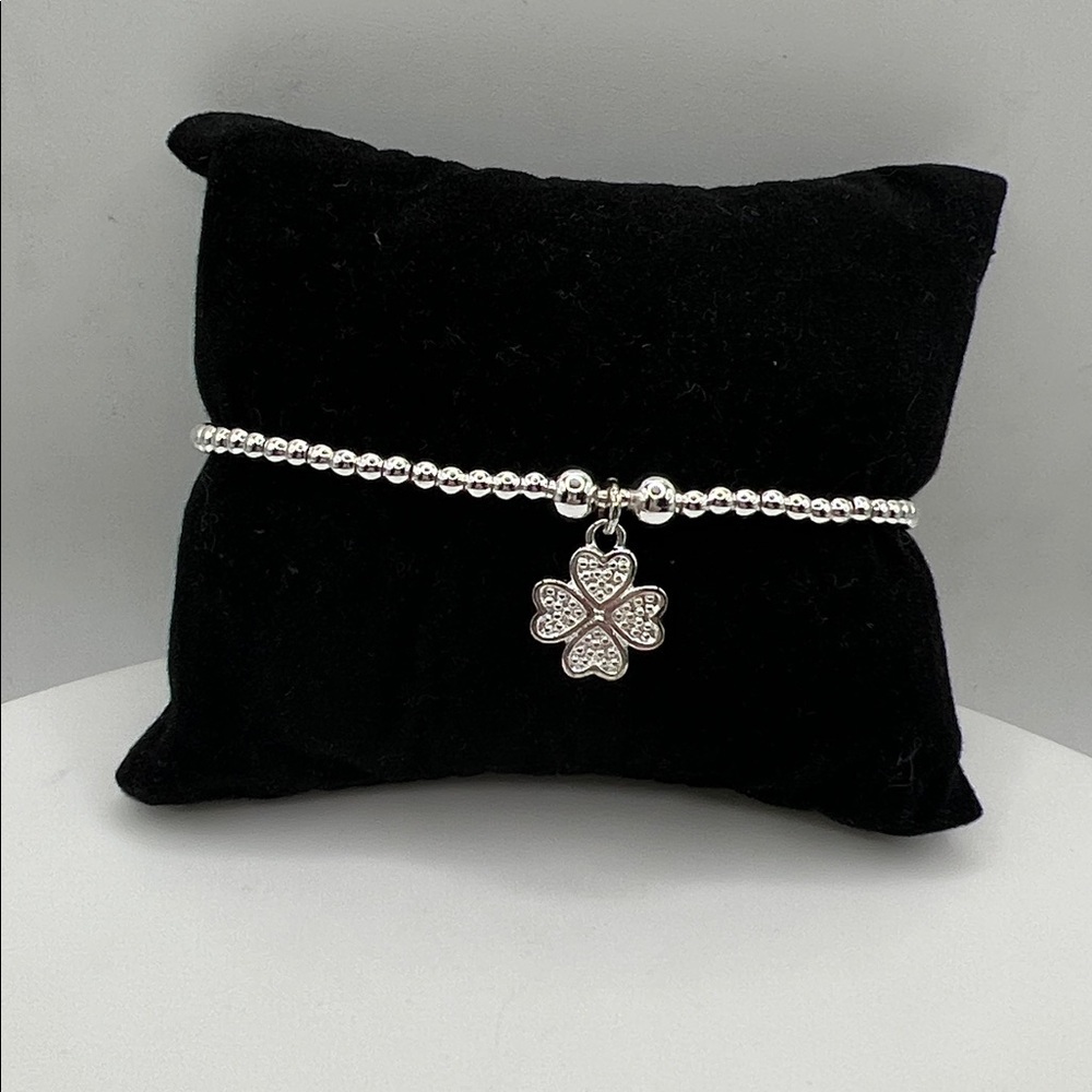 Bead Flower Clover Charm Bracelet in Silver Plate 6 1/2” 6.5 inches